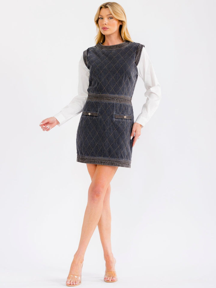 WOMEN'S LONG SLEEVE ELASTIC WAIST DENIM PADDED MINI DRESS