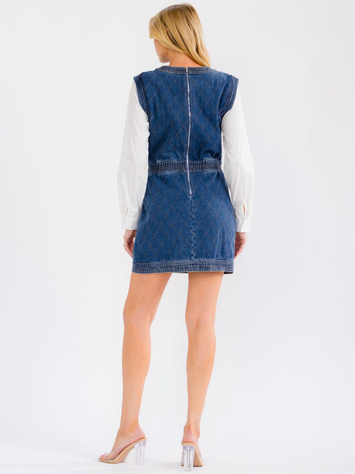 WOMEN'S LONG SLEEVE ELASTIC WAIST DENIM PADDED MINI DRESS