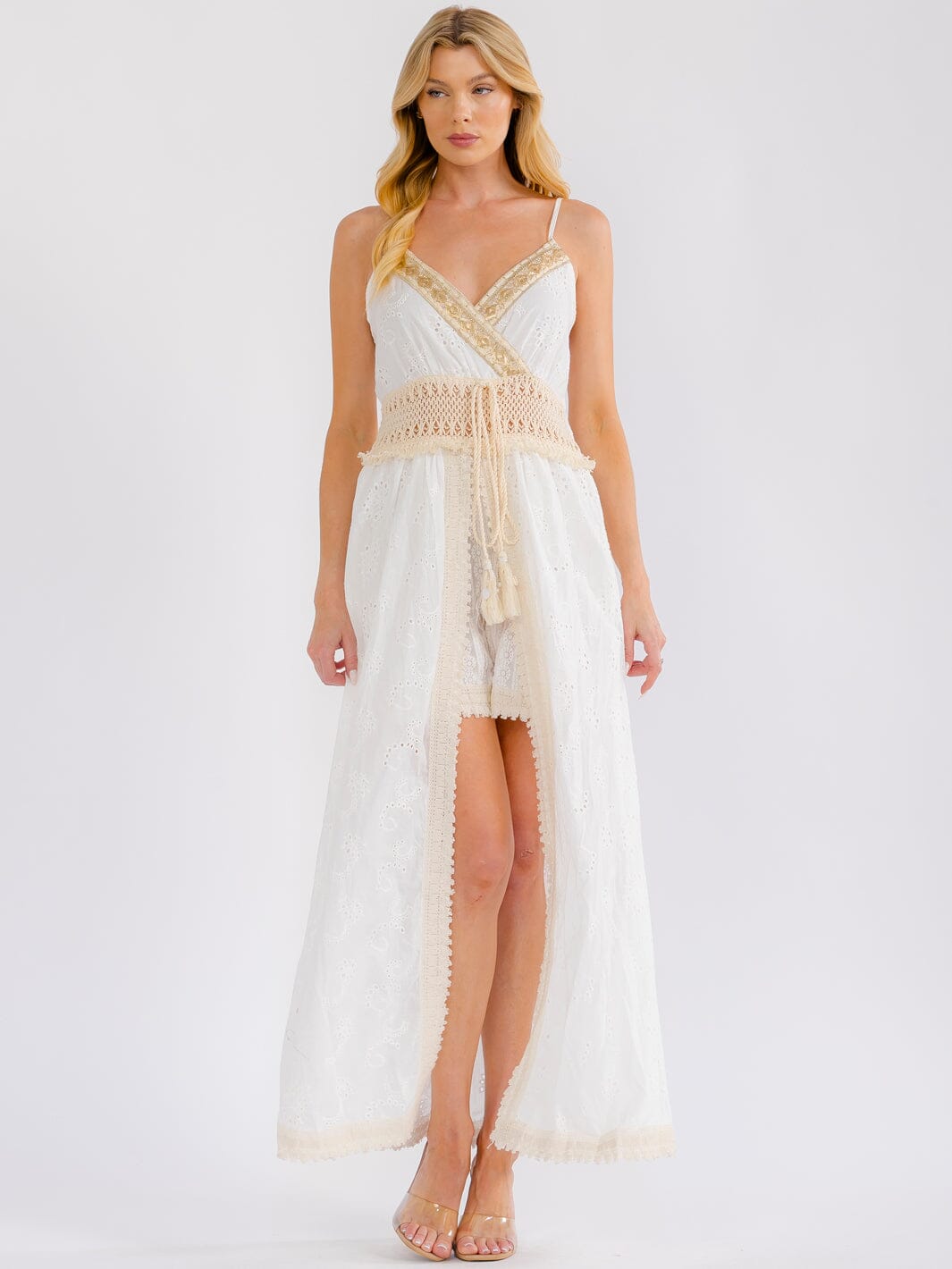 WOMEN'S SLEEVELESS SURPLICE CROCHET LACE ROMPER MAXI DRESS