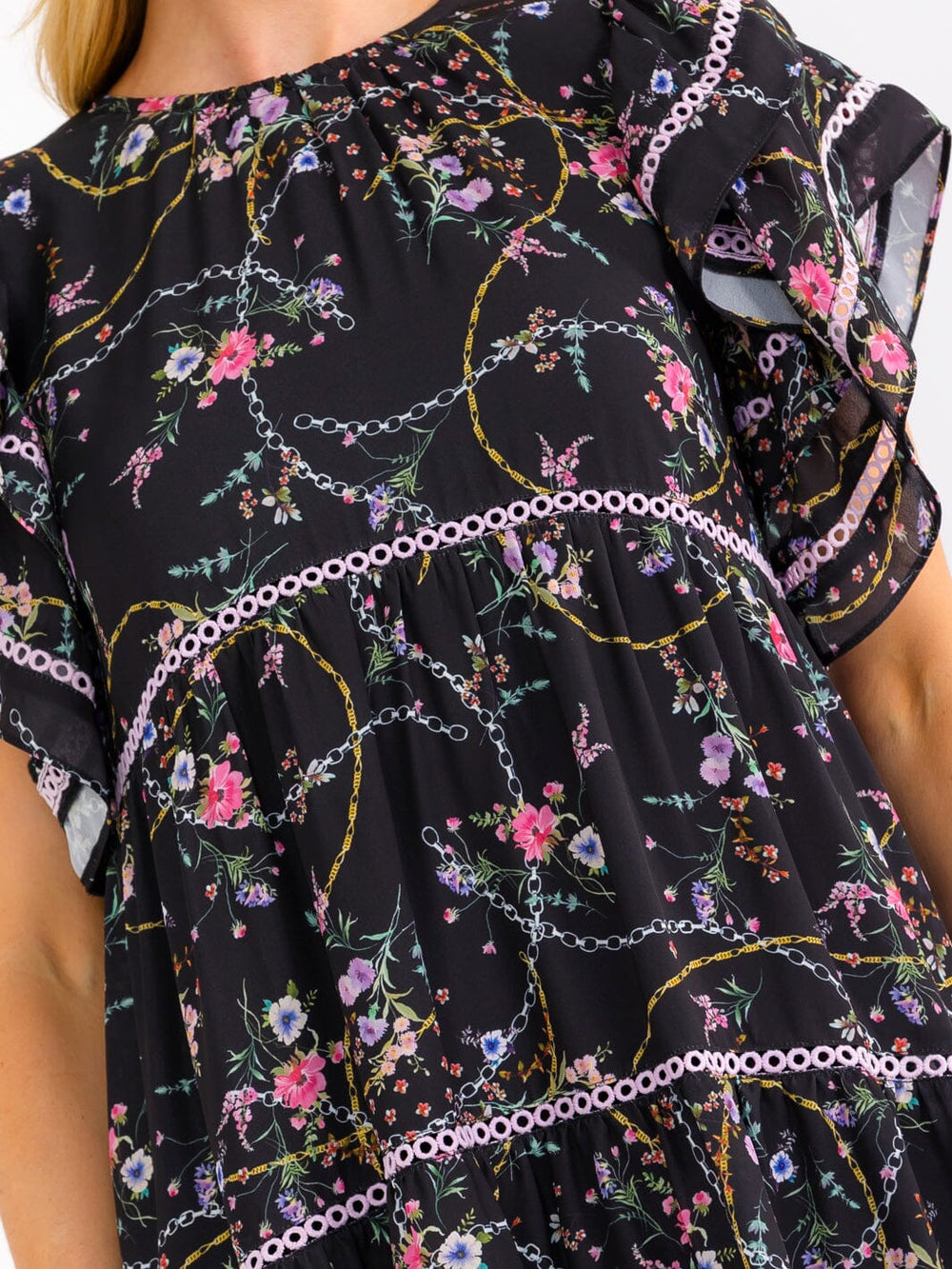 WOMEN'S SHORT RUFFLE SLEEVE FRONT POCKETS TIERED FLORAL TUNIC MINI DRESS