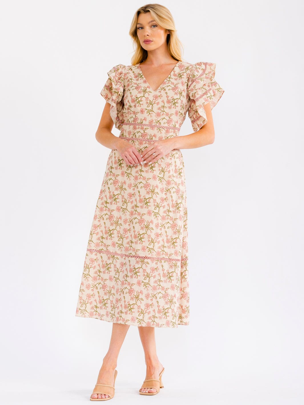 WOMEN'S SHORT RUFFLE SLEEVE V-NECK FRONT POCKETS TIERED MAXI DRESS
