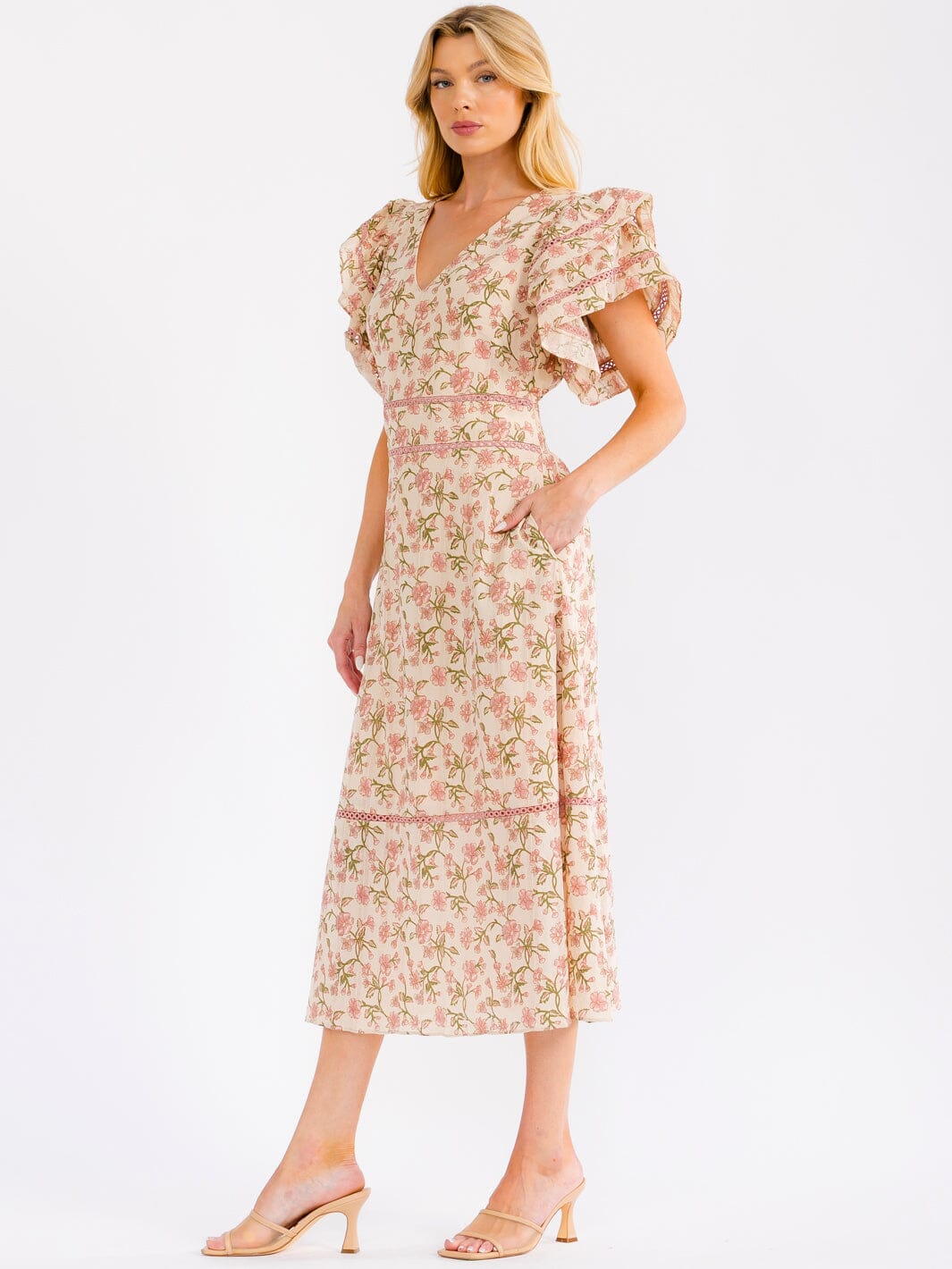 WOMEN'S SHORT RUFFLE SLEEVE V-NECK FRONT POCKETS TIERED MAXI DRESS