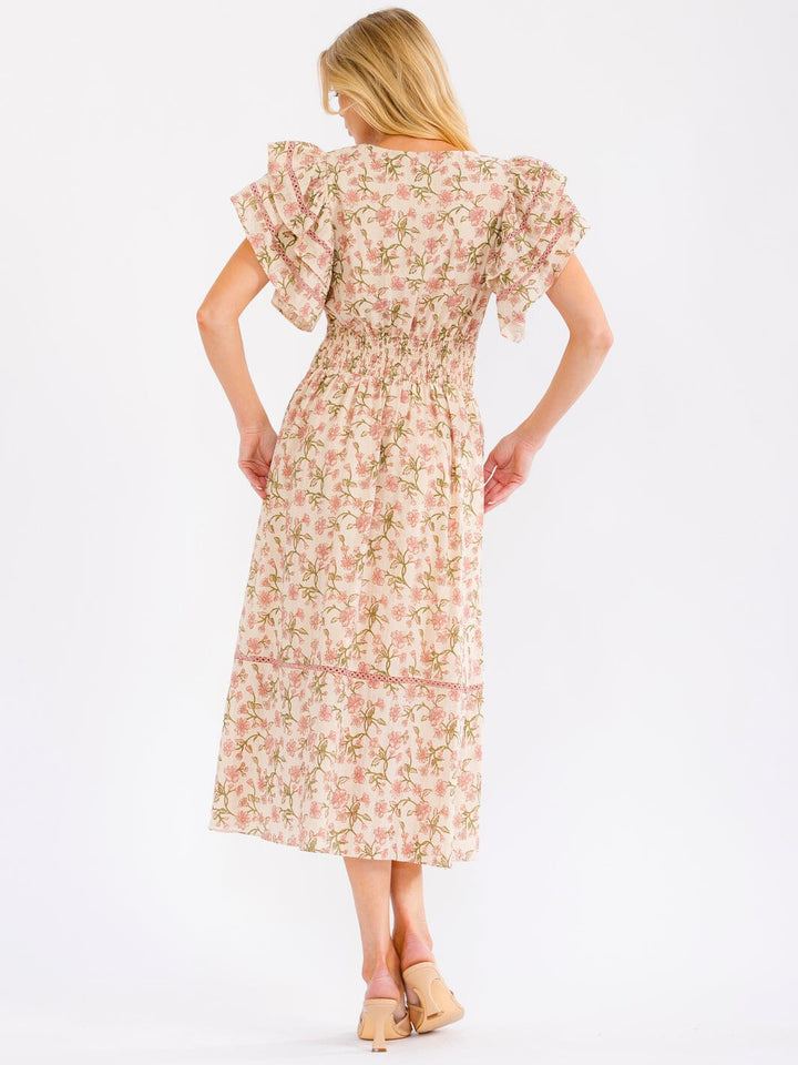 WOMEN'S SHORT RUFFLE SLEEVE V-NECK FRONT POCKETS TIERED MAXI DRESS