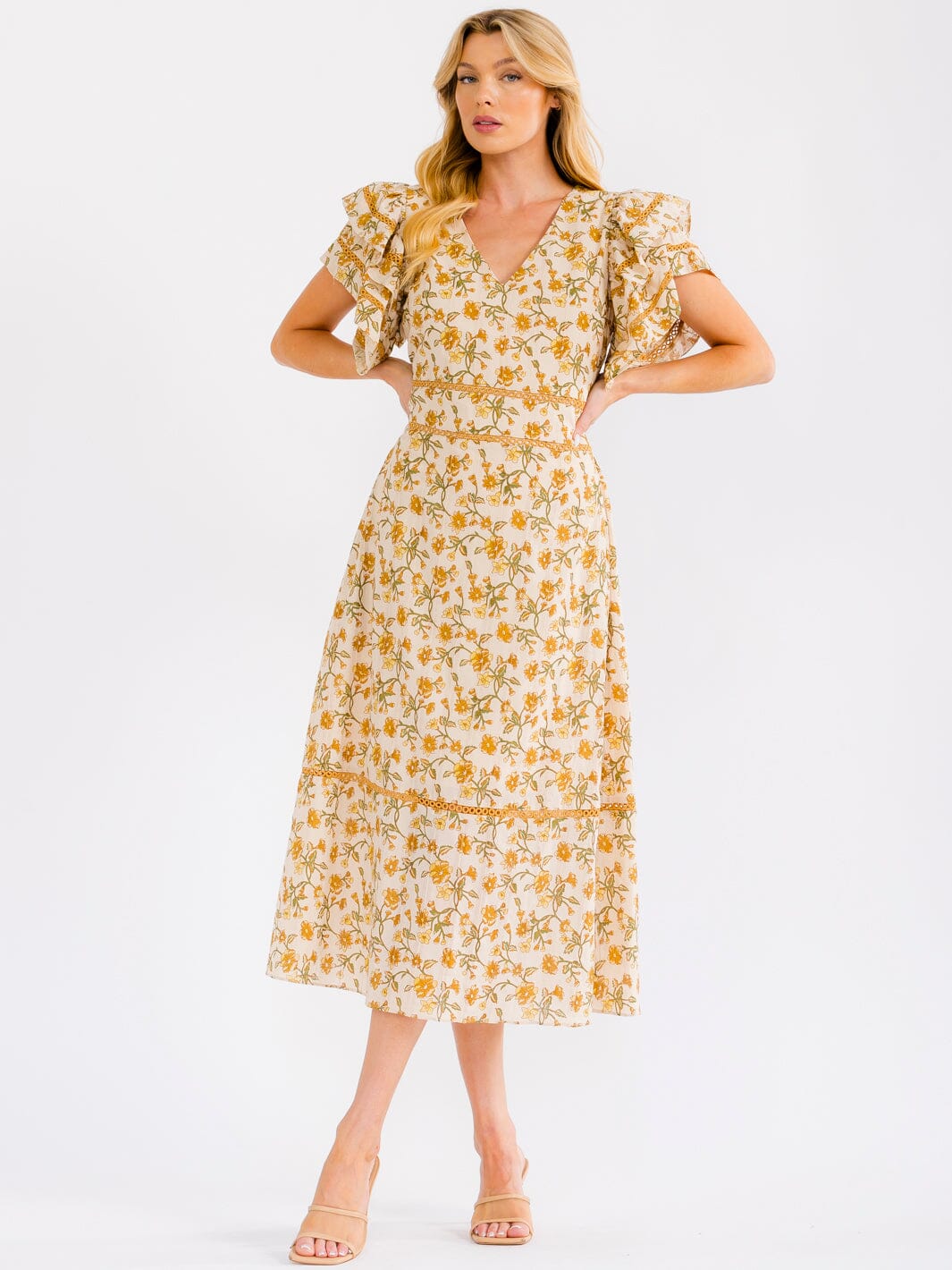 WOMEN'S SHORT RUFFLE SLEEVE V-NECK FRONT POCKETS TIERED MAXI DRESS