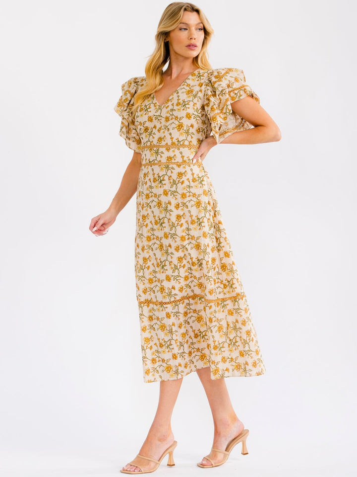 WOMEN'S SHORT RUFFLE SLEEVE V-NECK FRONT POCKETS TIERED MAXI DRESS