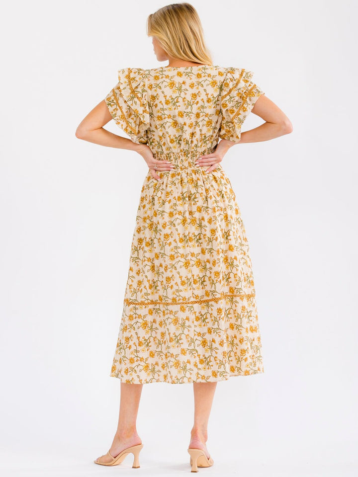 WOMEN'S SHORT RUFFLE SLEEVE V-NECK FRONT POCKETS TIERED MAXI DRESS