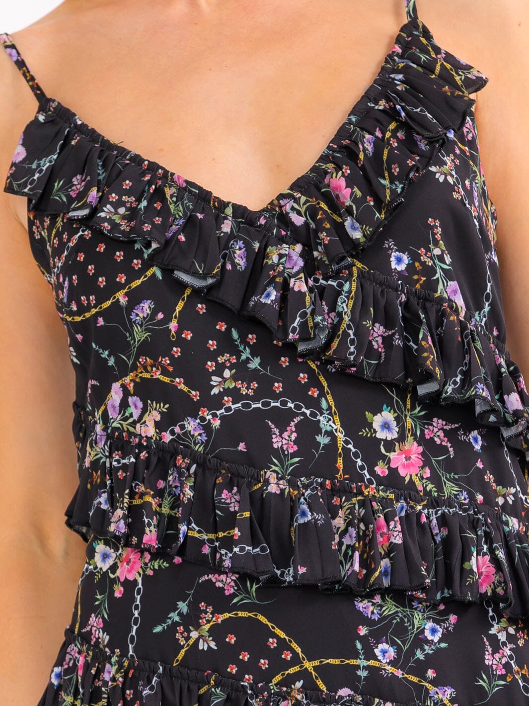 WOMEN'S SLEEVELESS V-NECK TIERED RUFFLE FLORAL MINI DRESS