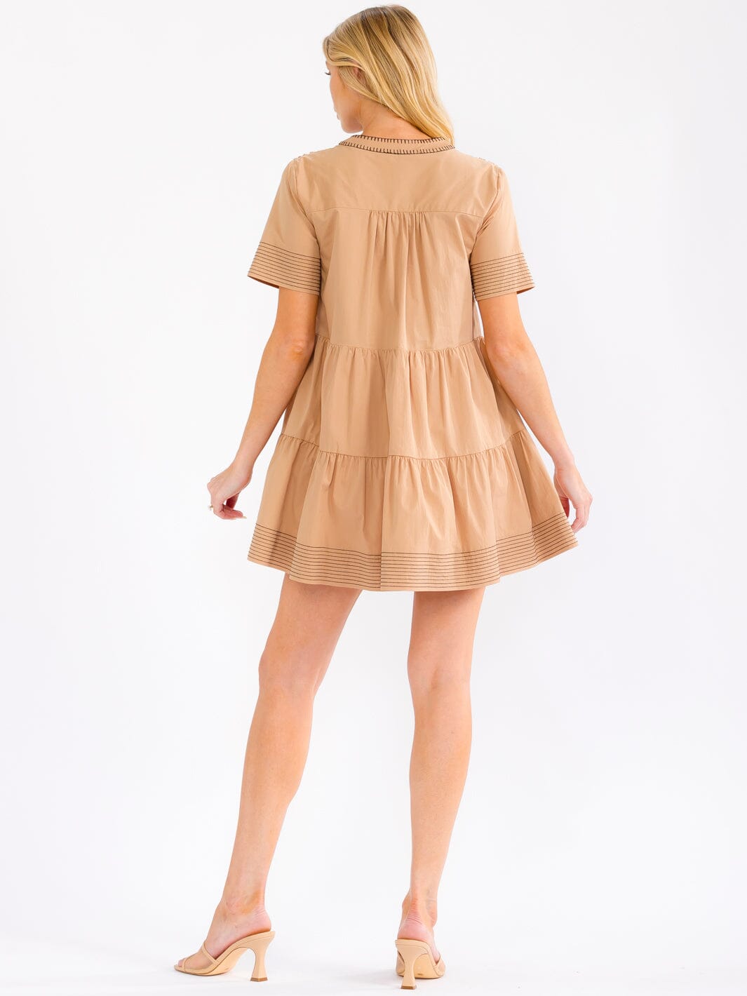 WOMEN'S SHORT SLEEVE BUTTON UP FRONT POCKETS TIERED TUNIC MINI DRESS
