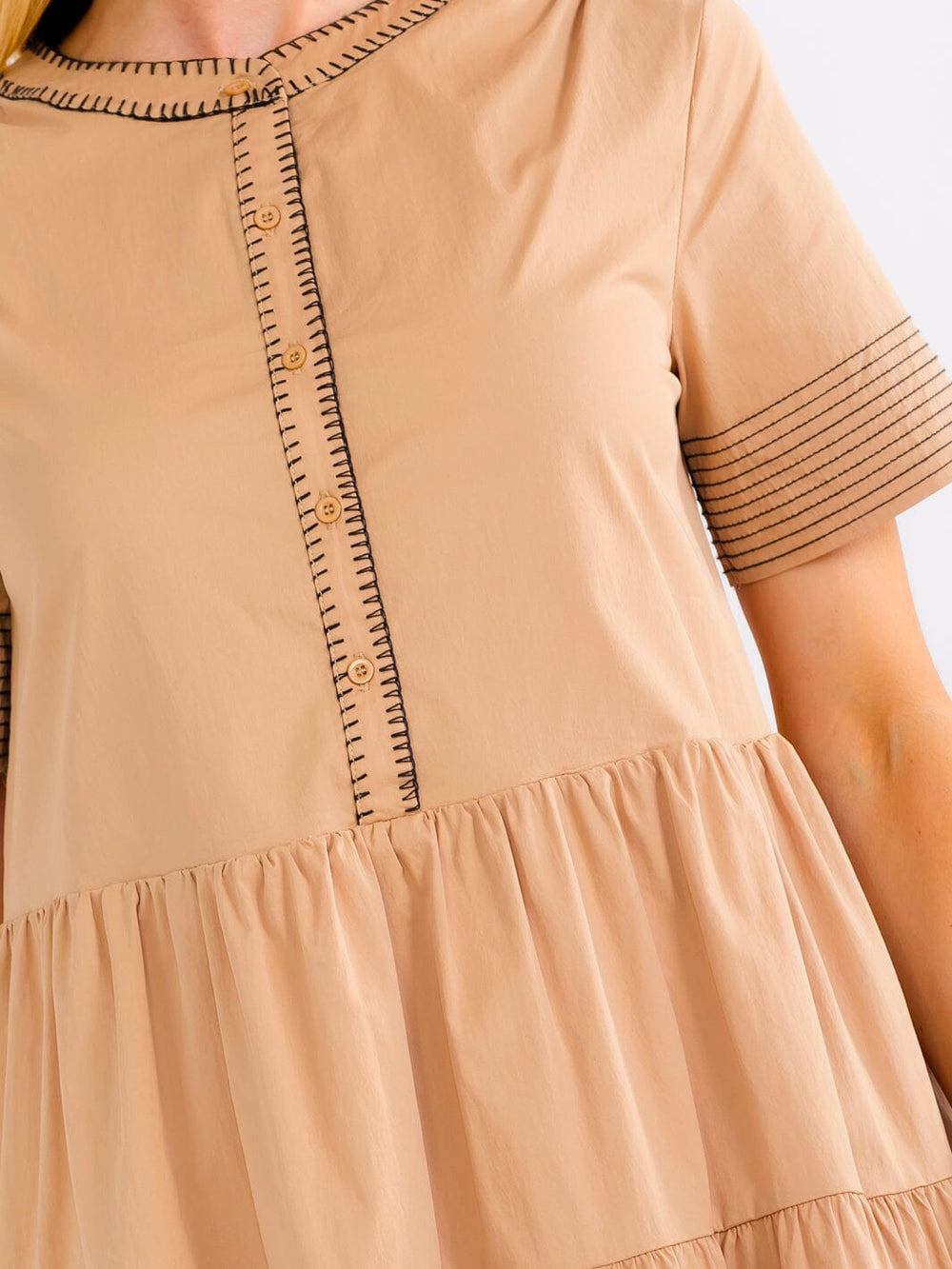 WOMEN'S SHORT SLEEVE BUTTON UP FRONT POCKETS TIERED TUNIC MINI DRESS