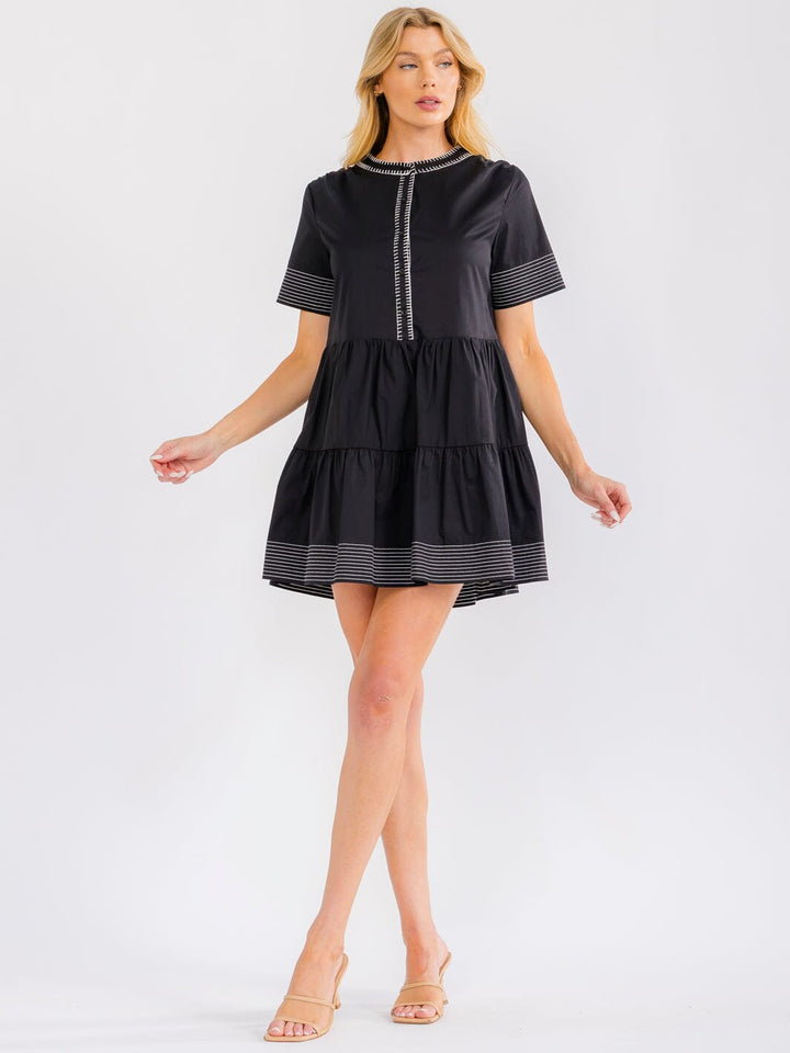 WOMEN'S SHORT SLEEVE BUTTON UP FRONT POCKETS TIERED TUNIC MINI DRESS