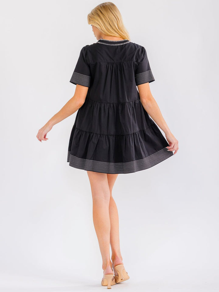 WOMEN'S SHORT SLEEVE BUTTON UP FRONT POCKETS TIERED TUNIC MINI DRESS