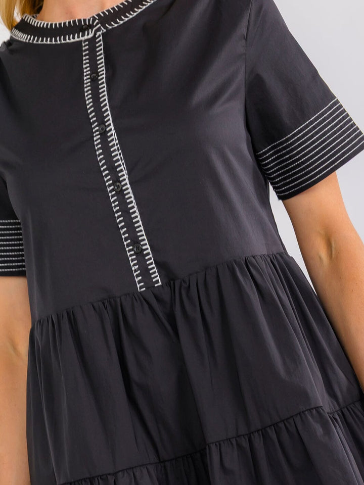 WOMEN'S SHORT SLEEVE BUTTON UP FRONT POCKETS TIERED TUNIC MINI DRESS