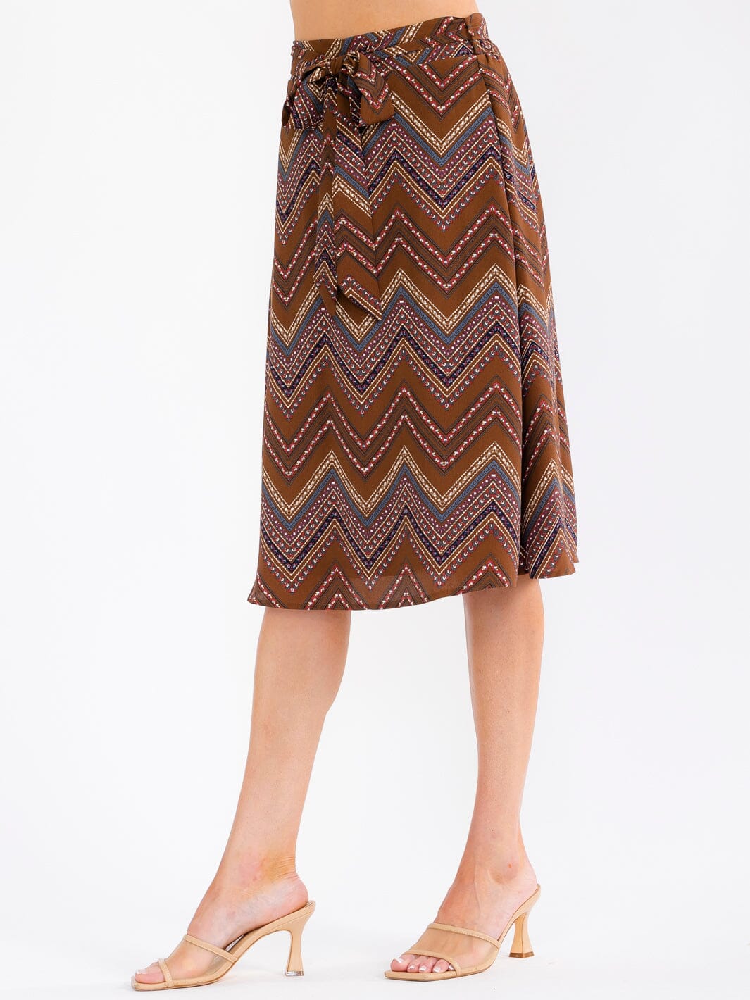 WOMEN'S ELASTIC WAIST SELF TIE MULTI PRINT MIDI SKIRT