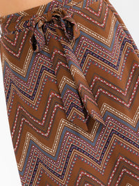 WOMEN'S ELASTIC WAIST SELF TIE MULTI PRINT MIDI SKIRT