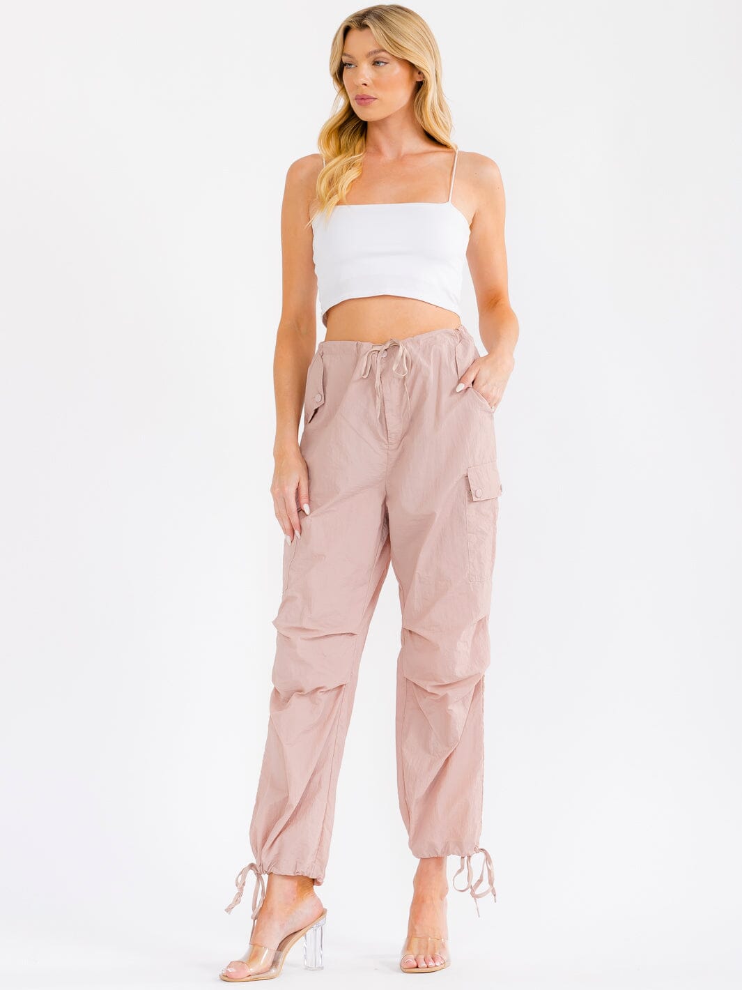 WOMEN'S ELASTIC WAIST CARGO POCKETS JOGGER LEG PANTS