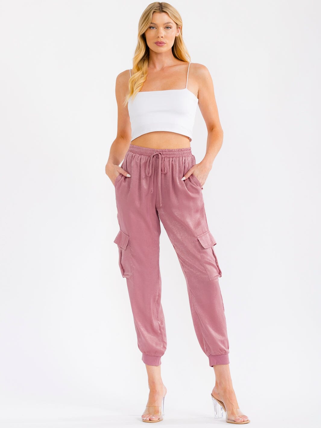 WOMEN'S ELASTIC WAIST CARGO POCKETS JOGGER LEG PANTS