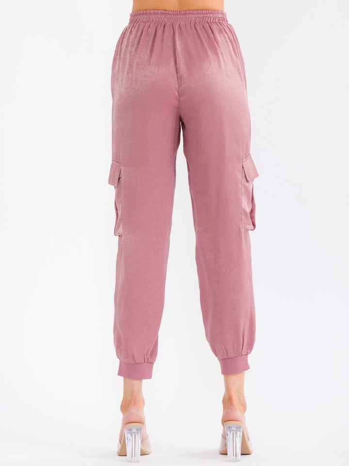 WOMEN'S ELASTIC WAIST CARGO POCKETS JOGGER LEG PANTS