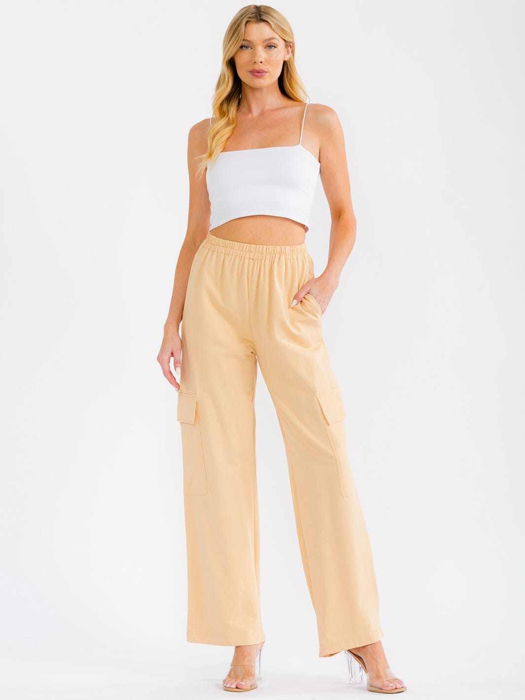 WOMEN'S ELASTIC WAIST CARGO POCKETS WIDE LEG PANTS