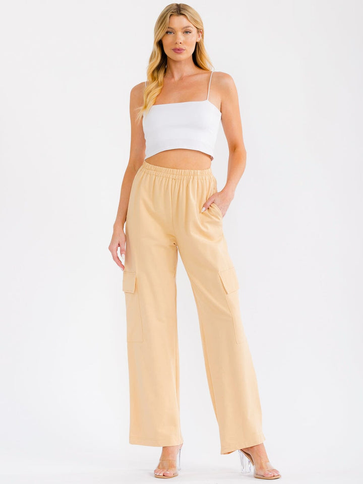 WOMEN'S ELASTIC WAIST CARGO POCKETS WIDE LEG PANTS