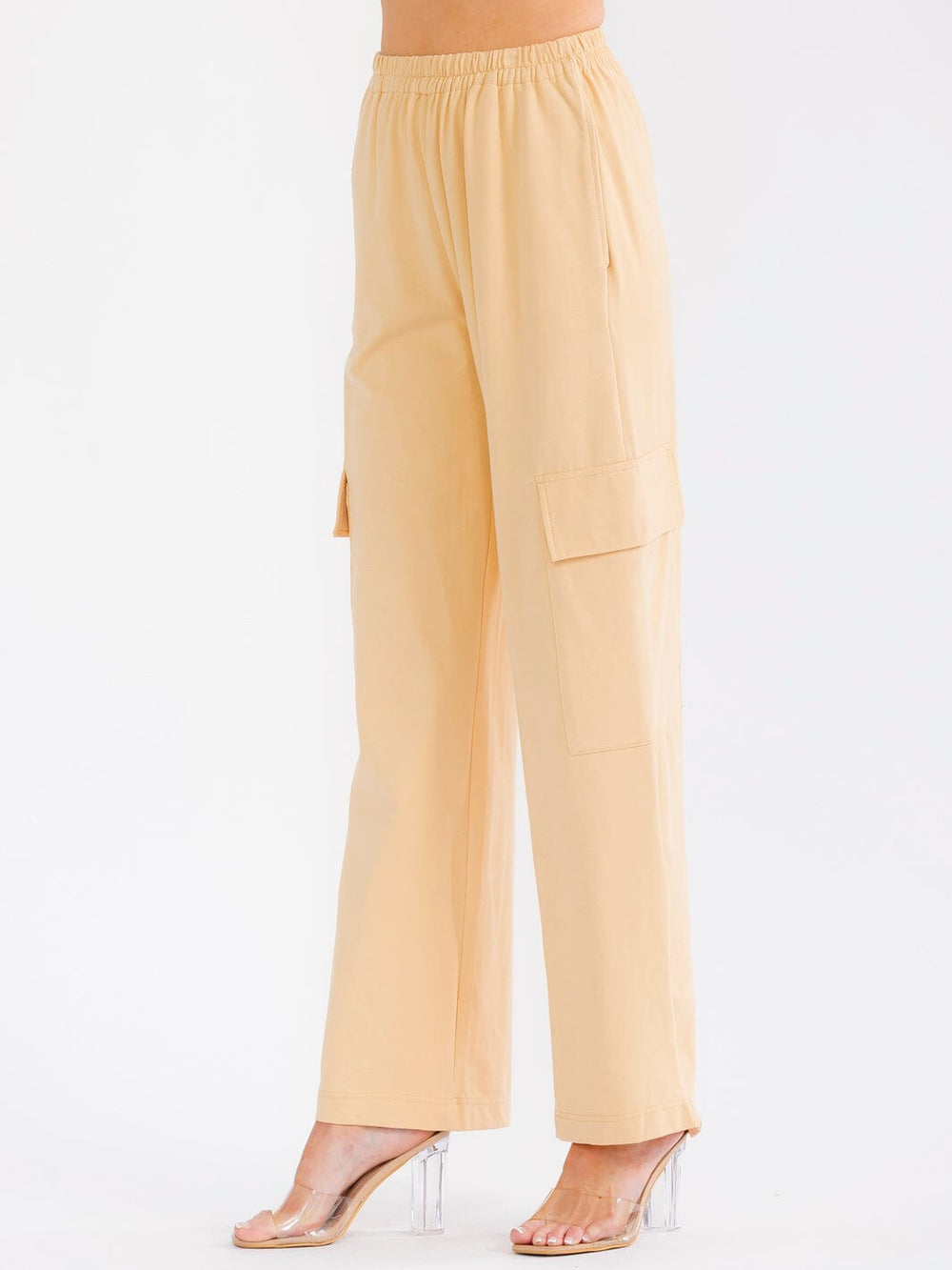 WOMEN'S ELASTIC WAIST CARGO POCKETS WIDE LEG PANTS