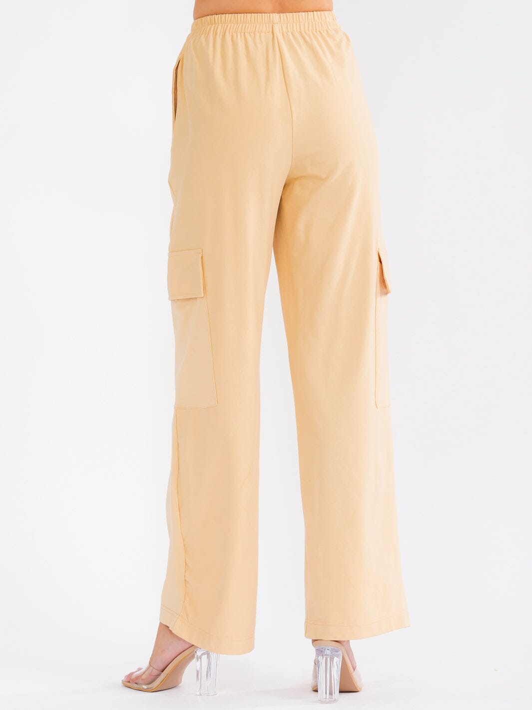 WOMEN'S ELASTIC WAIST CARGO POCKETS WIDE LEG PANTS