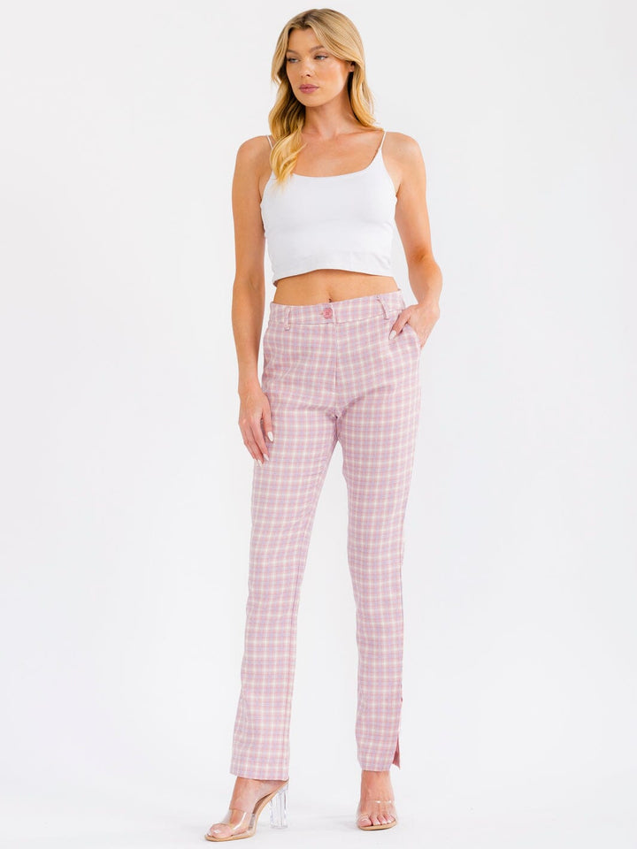 WOMEN'S BUTTON CLOSURE POCKETS SLIT STRAIGHT LEG PLAID PANTS