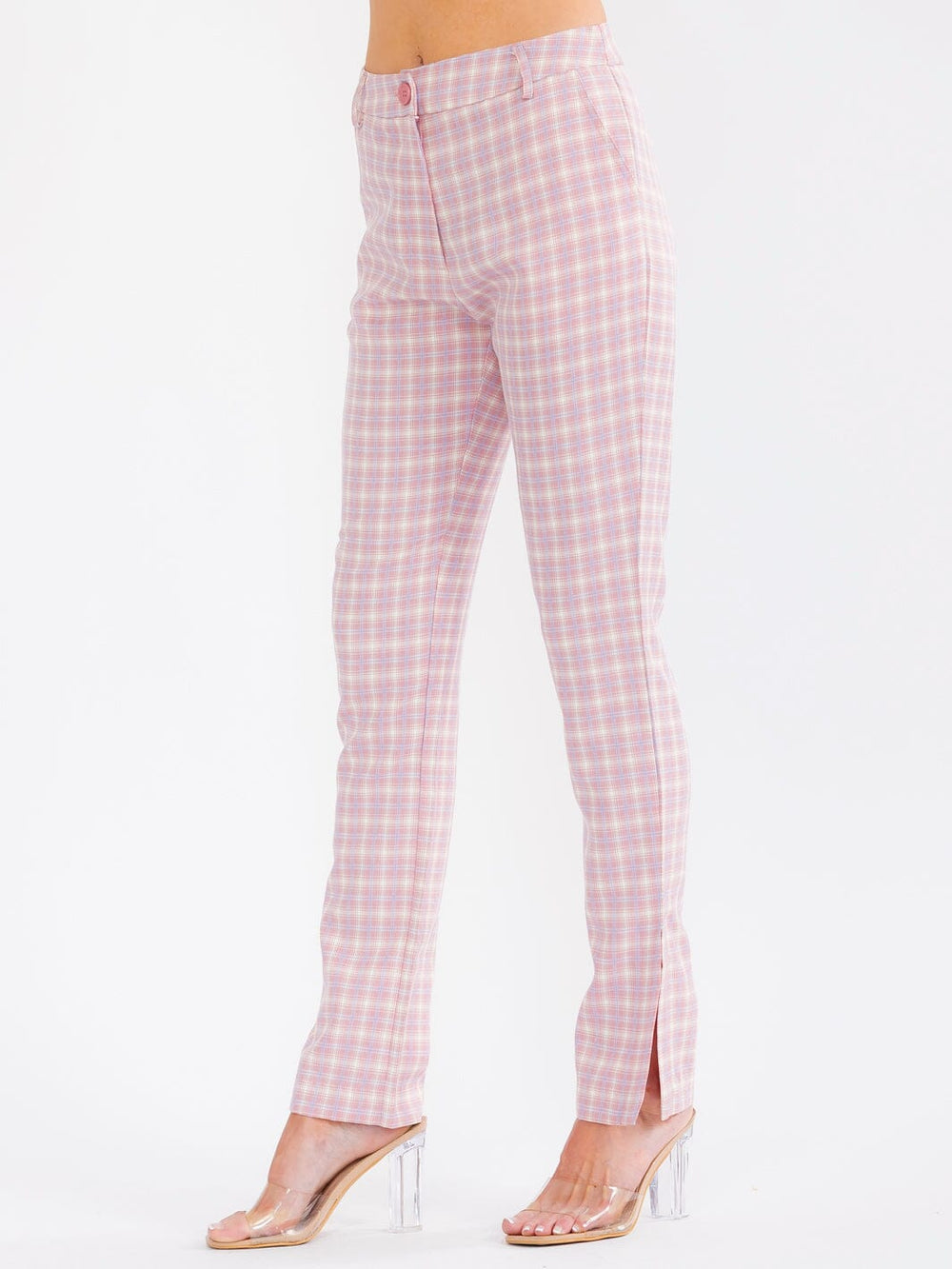 WOMEN'S BUTTON CLOSURE POCKETS SLIT STRAIGHT LEG PLAID PANTS