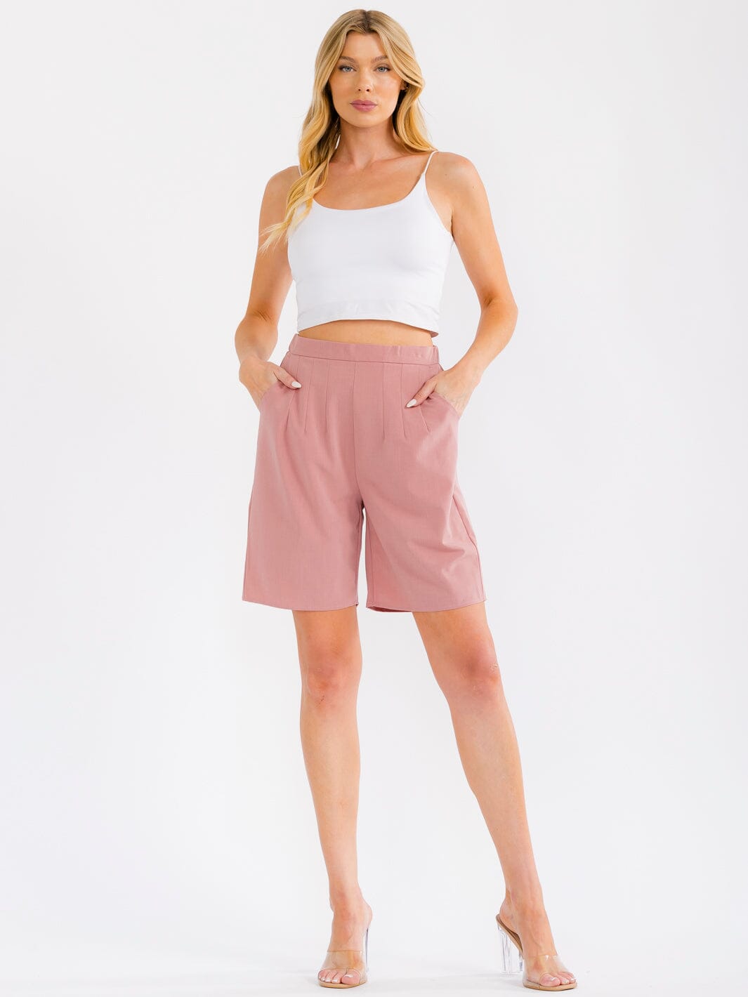 WOMEN'S ELASTIC WAIST FRONT POCKETS BIKER SHORTS