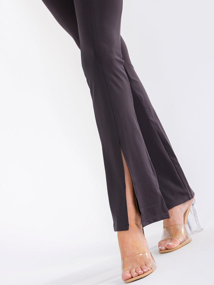 WOMEN'S ELASTIC HIGH WAIST FRONT SLIT FLARE LEGGINGS