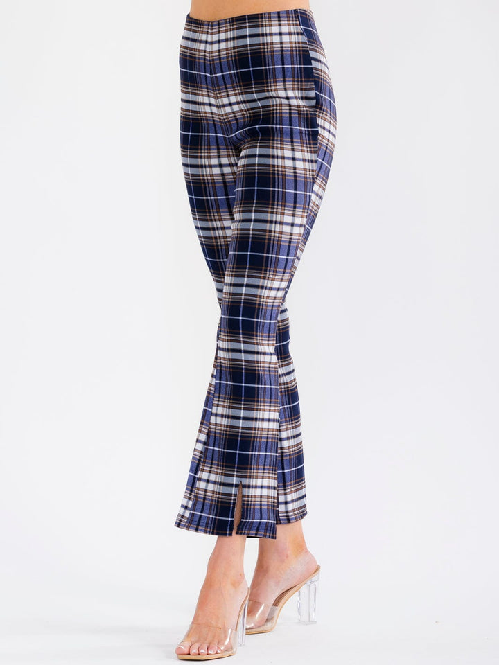 WOMEN'S ELASTIC WAIST SLIT STRAIGHT LEG PLAID PANTS