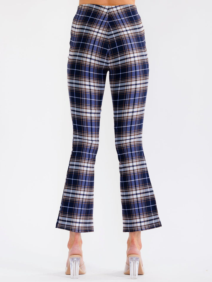 WOMEN'S ELASTIC WAIST SLIT STRAIGHT LEG PLAID PANTS