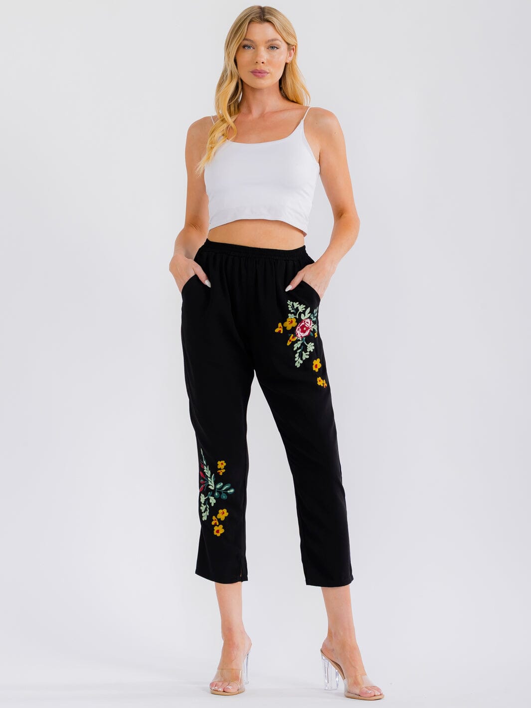 WOMEN'S ELASTIC WAIST FRONT POCKETS FLORAL EMBROIDERY SKINNY LEG PANTS