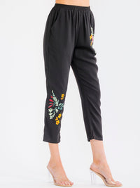 WOMEN'S ELASTIC WAIST FRONT POCKETS FLORAL EMBROIDERY SKINNY LEG PANTS