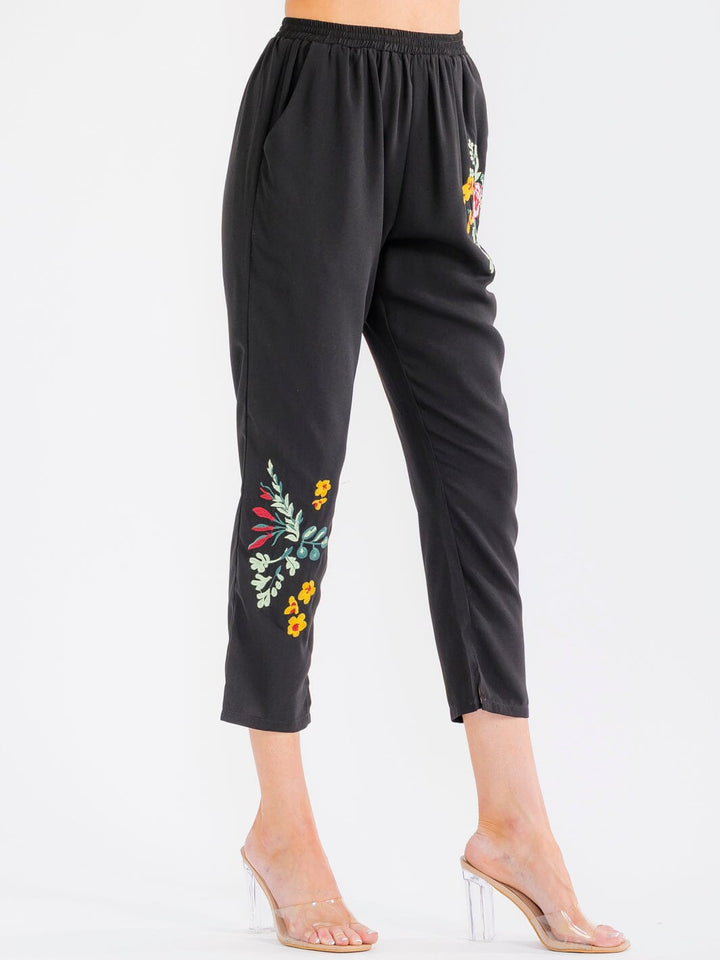 WOMEN'S ELASTIC WAIST FRONT POCKETS FLORAL EMBROIDERY SKINNY LEG PANTS
