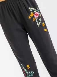 WOMEN'S ELASTIC WAIST FRONT POCKETS FLORAL EMBROIDERY SKINNY LEG PANTS