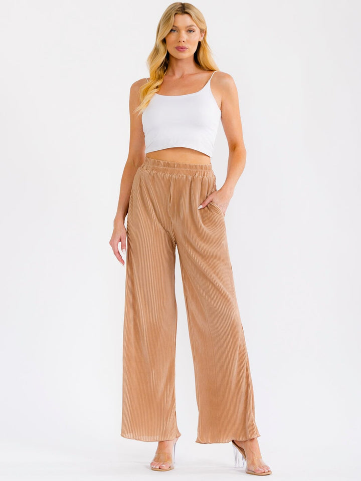 WOMEN'S ELASTIC WAIST FRONT POCKETS WIDE LEG PLEATED PANTS