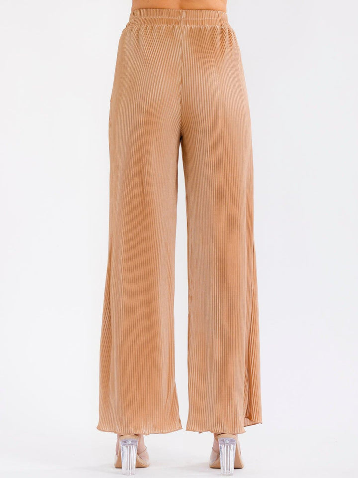 WOMEN'S ELASTIC WAIST FRONT POCKETS WIDE LEG PLEATED PANTS