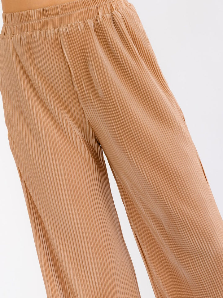 WOMEN'S ELASTIC WAIST FRONT POCKETS WIDE LEG PLEATED PANTS