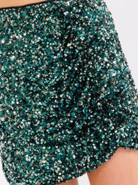 WOMEN'S ZIPPER CLOSURE SIDE RUCHED SEQUINS MINI SKIRT