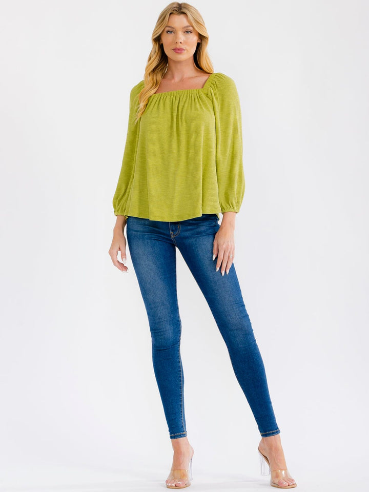 WOMEN'S 3/4 SLEEVE SQUARE NECK RIBBED BLOUSE