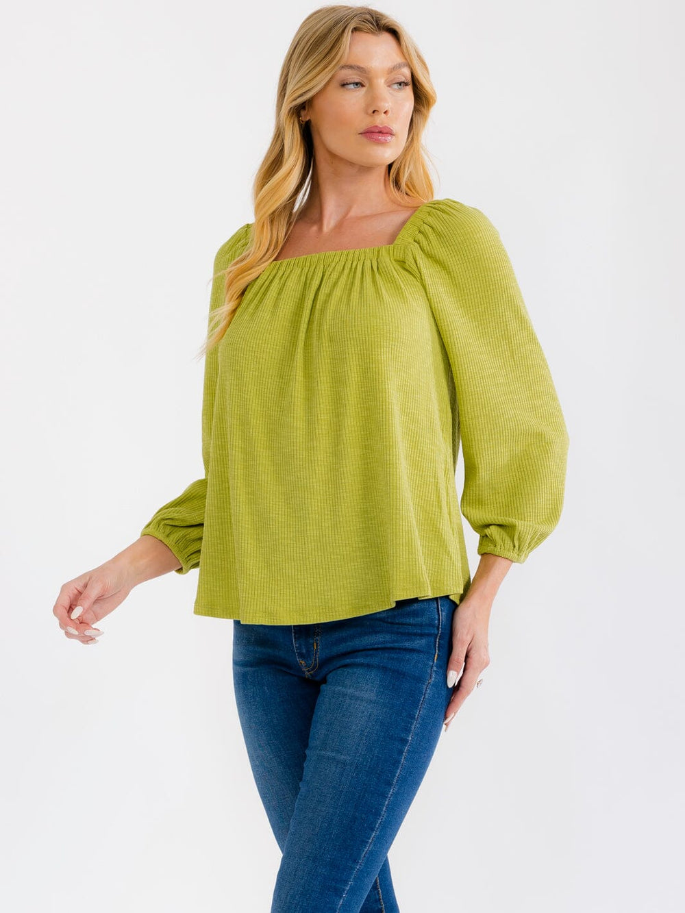 WOMEN'S 3/4 SLEEVE SQUARE NECK RIBBED BLOUSE