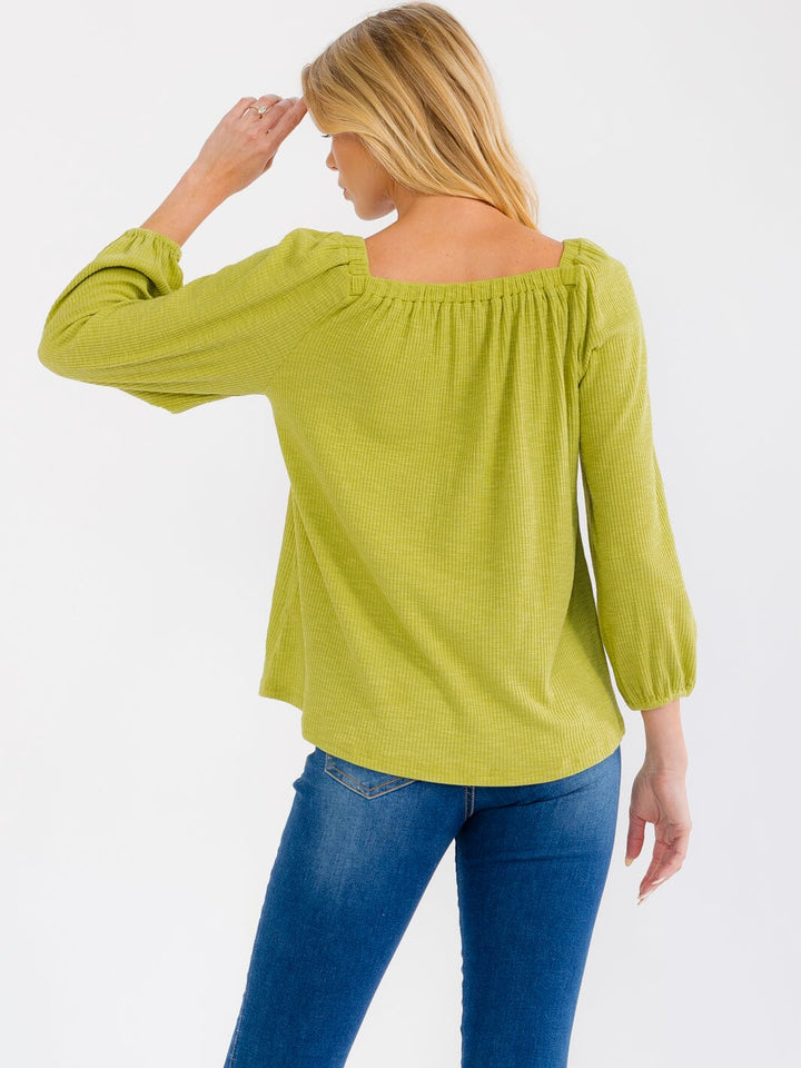 WOMEN'S 3/4 SLEEVE SQUARE NECK RIBBED BLOUSE