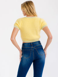 WOMEN'S SHORT SLEEVE BUTTTON UP FUZZY CROP TOP