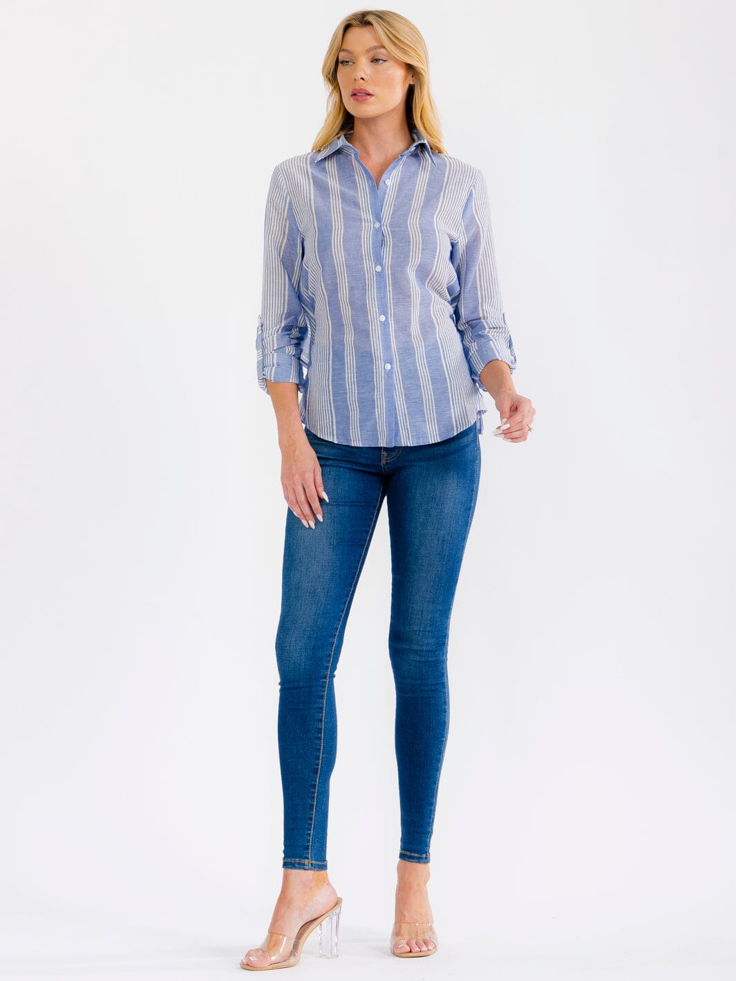 WOMEN'S LONG SLEEVE BUTTON UP OPEN BACK STRIPES SHIRT