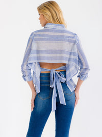 WOMEN'S LONG SLEEVE BUTTON UP OPEN BACK STRIPES SHIRT