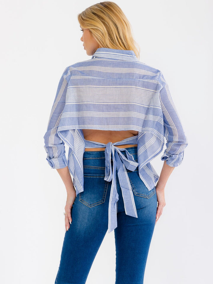 WOMEN'S LONG SLEEVE BUTTON UP OPEN BACK STRIPES SHIRT