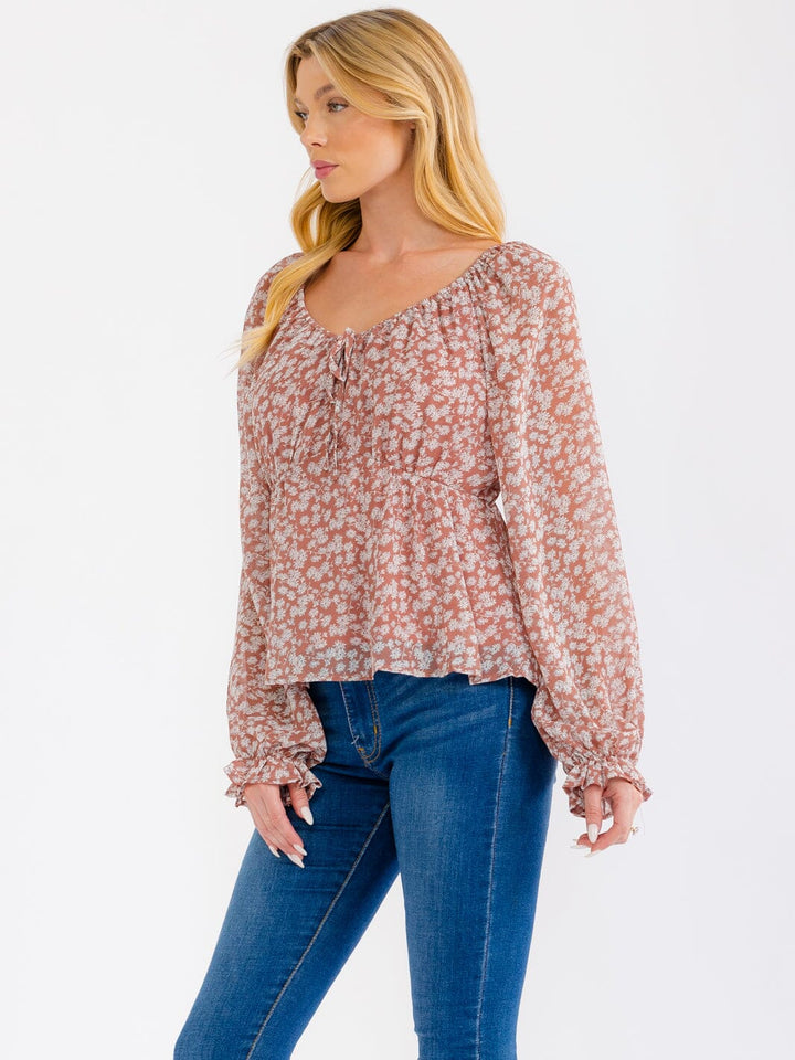 WOMEN'S LONG SLEEVE ELASTIC WAIST FLORAL BLOUSE