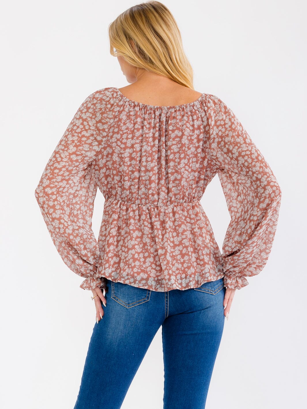 WOMEN'S LONG SLEEVE ELASTIC WAIST FLORAL BLOUSE