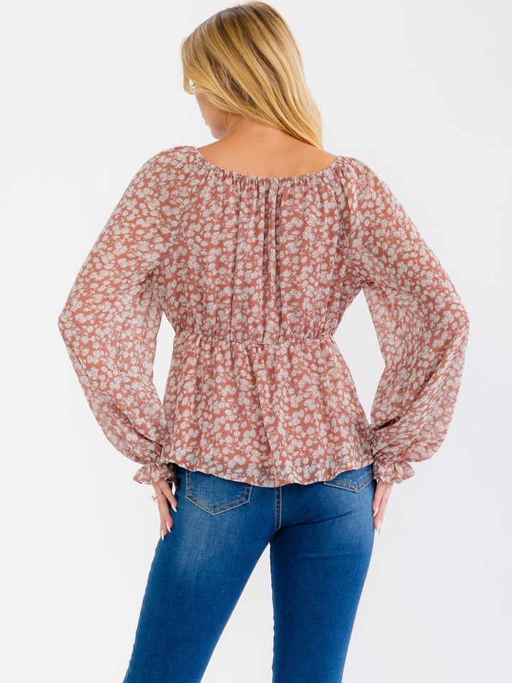 WOMEN'S LONG SLEEVE ELASTIC WAIST FLORAL BLOUSE