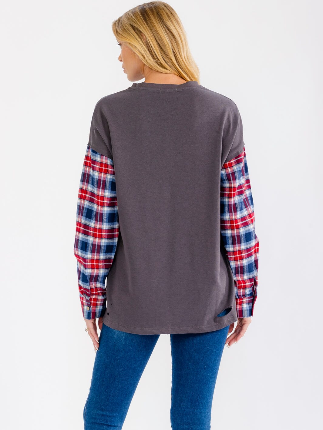 WOMEN'S LONG PLAID SLEEVE GRAPHIC DISTRESS TOP